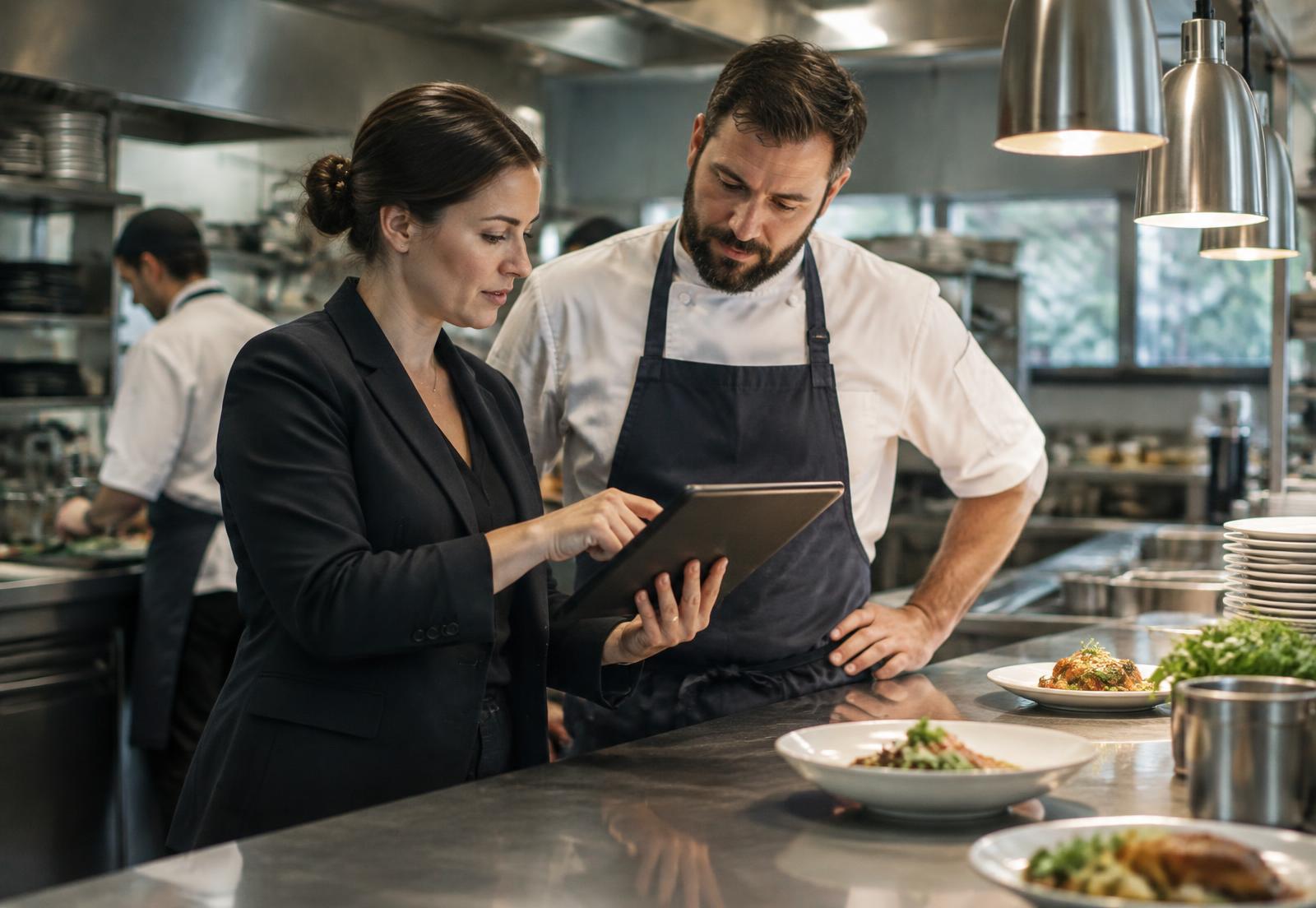 A hospitality manager and a chef reviewing operations together at the kitchen pass